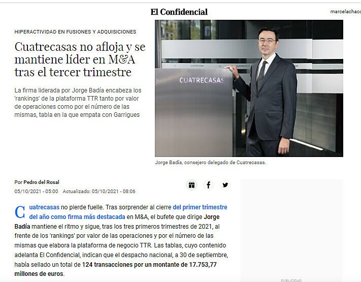 Cuatrecasas no afloja y se mantiene lder en M&A tras el tercer trimestre